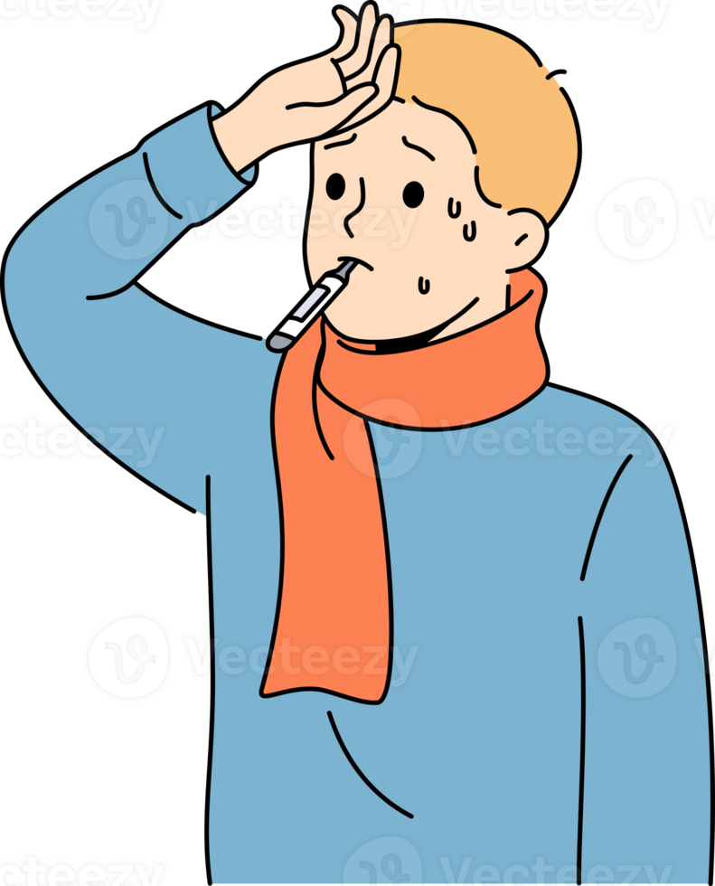 Sick flu boy with thermometer in mouth touching forehead with fever and in need antibiotics png