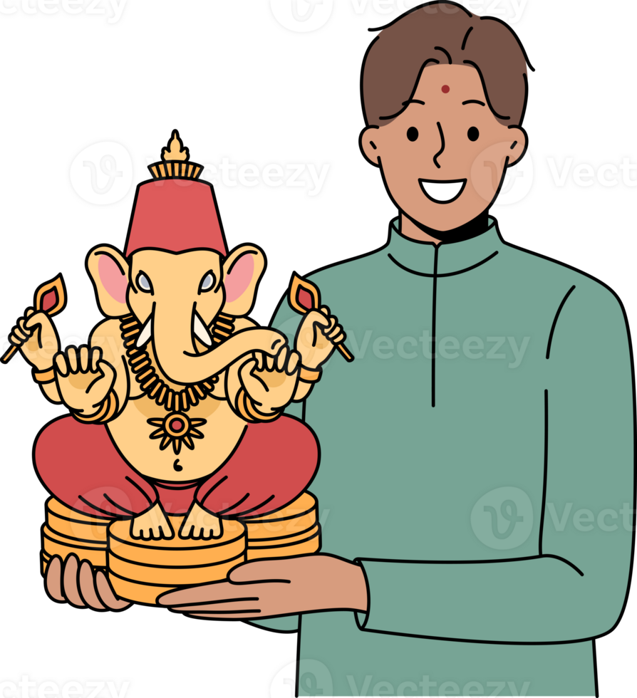 Indian man holds figurine Lord ganesha and smiles demonstrating amulet that brings good luck png