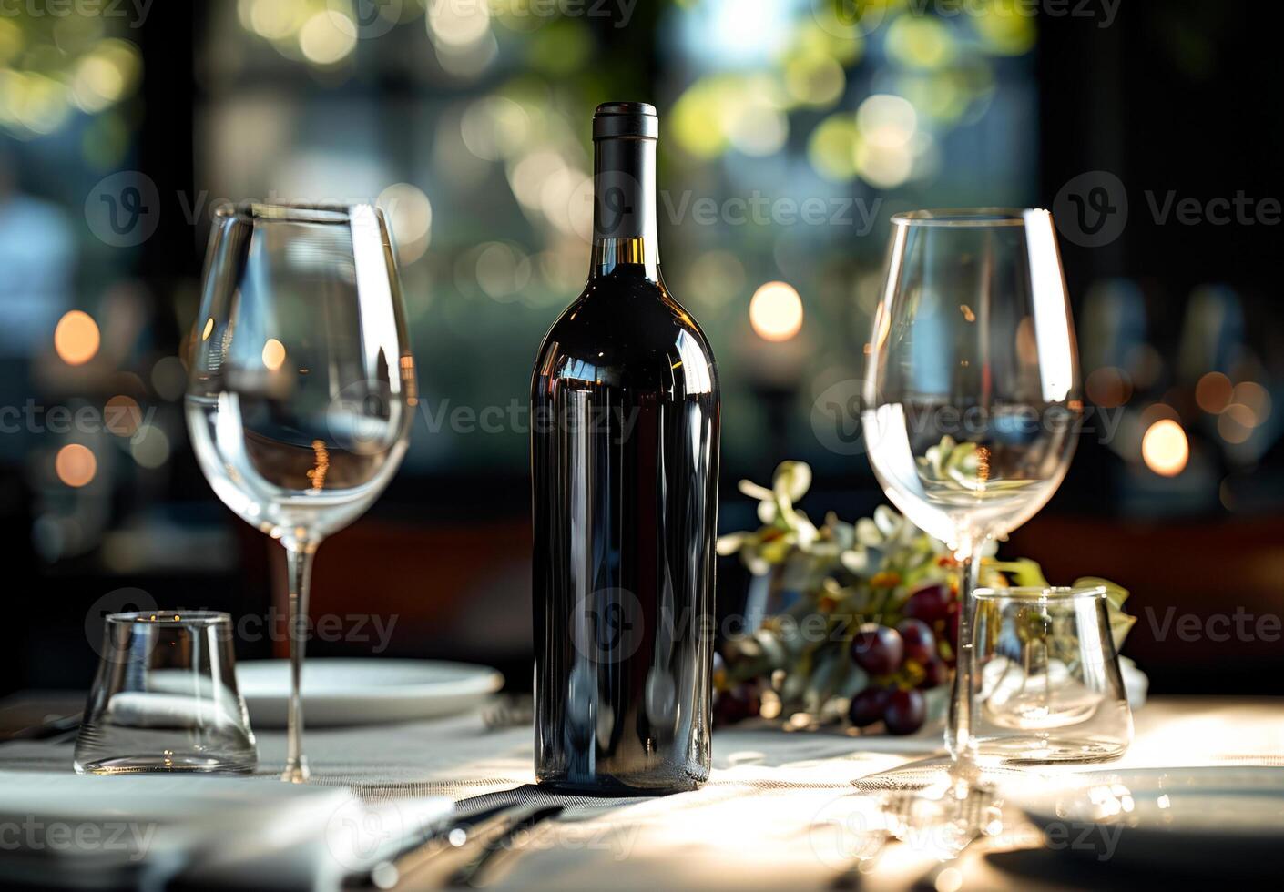 AI generated Bottle of wine and glasses on table in restaurant, closeup photo