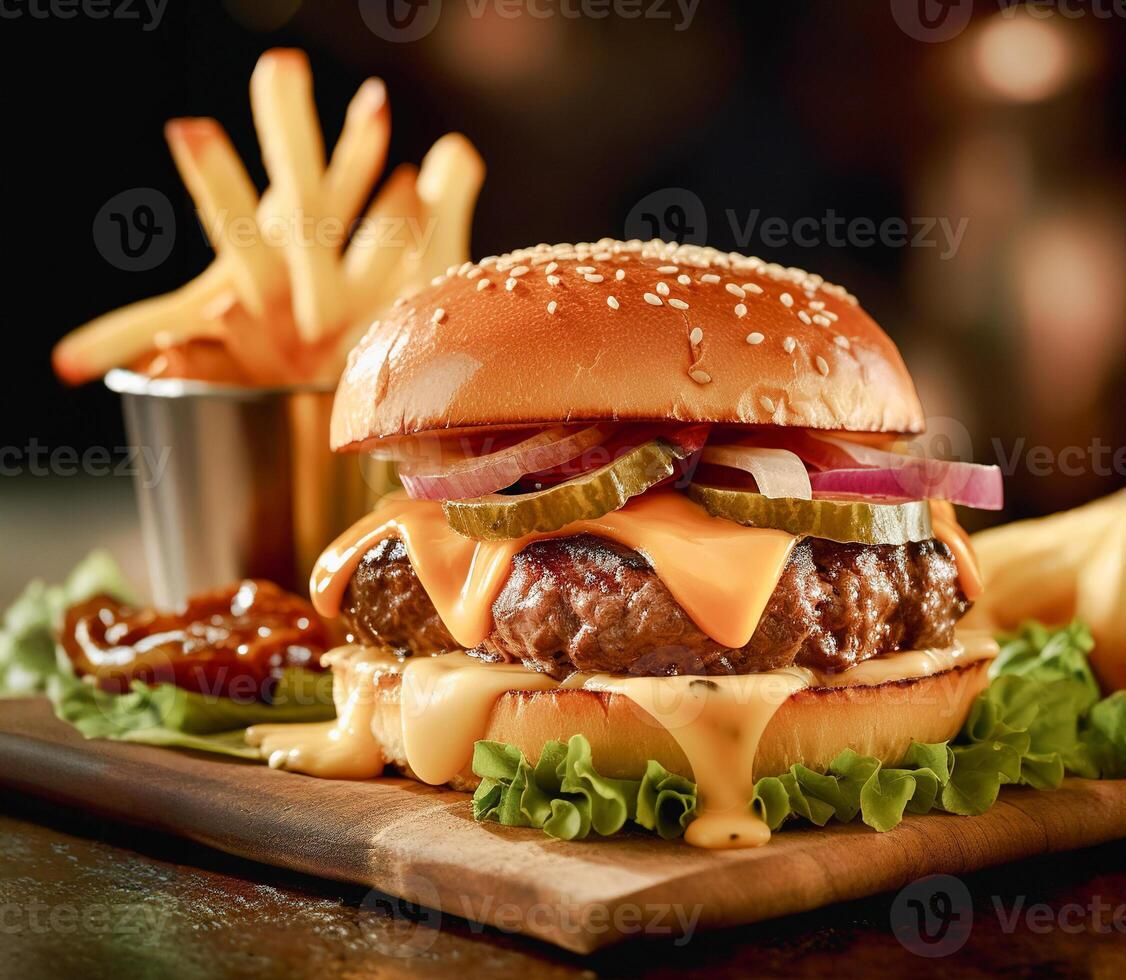 Cheeseburger with French fries on wooden board photo