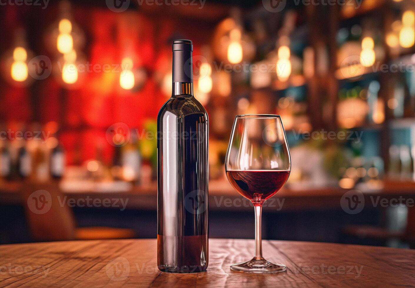 AI generated Glass of red wine with bottle against rustic dark on wooden table. Mock up for design photo