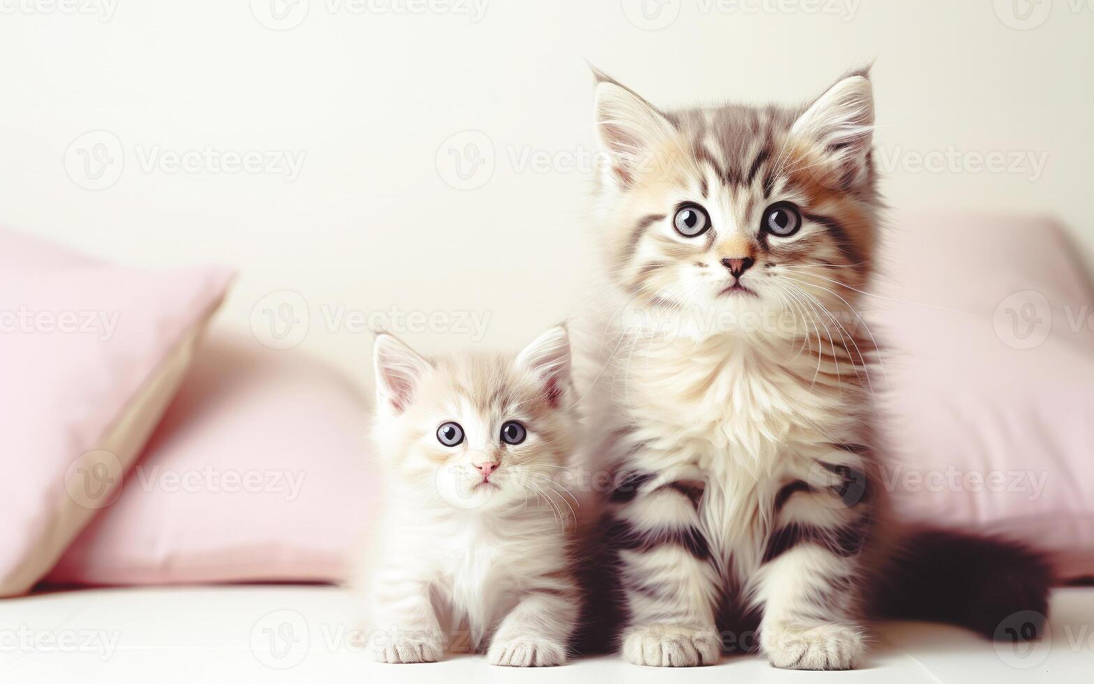 cat sitting with kitten, cute little kittens on floor, selective focus. photo