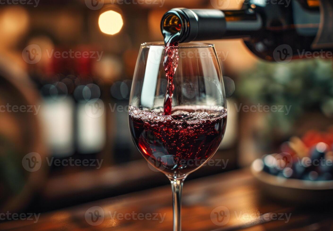 AI generated Red wine being poured into a glass with grapes in the background. photo