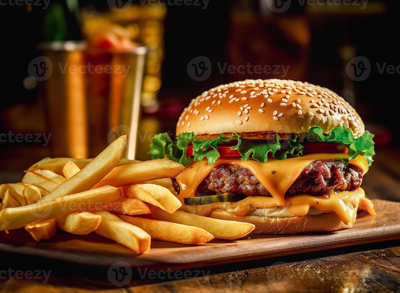 cheese burger burger with french fries and a glass of beer on wooden board photo