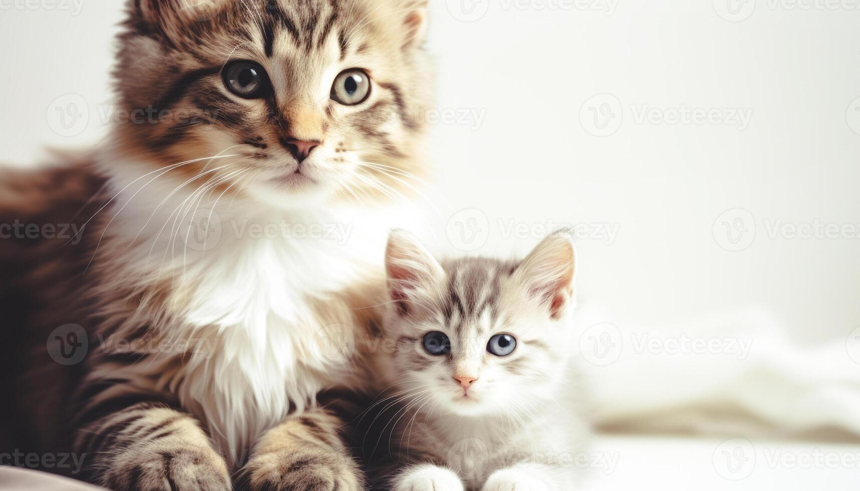 cat sitting with kitten, cute little kittens on floor, selective focus. photo