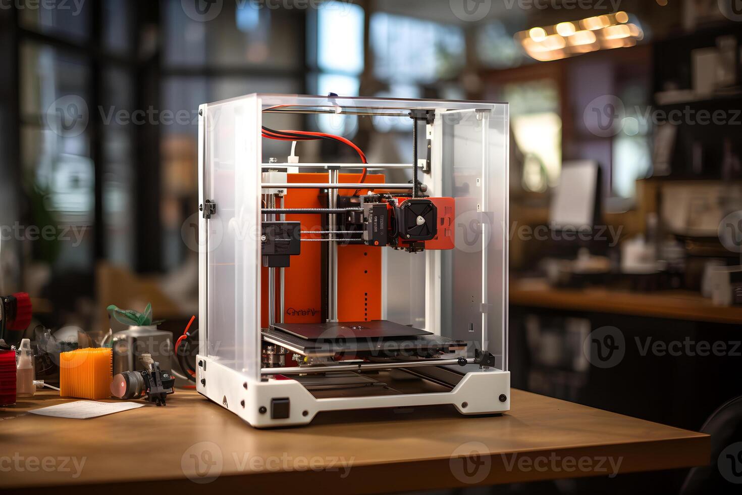 AI generated modern 3d printer in action photo