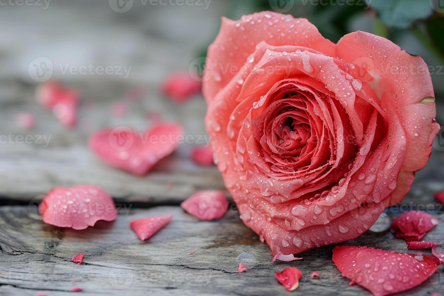 AI generated a pink rose in the shape of a heart on a wooden table photo