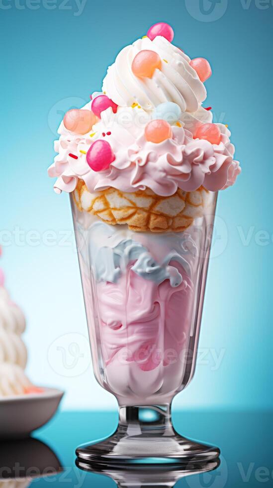 AI generated Ice cream sundae in a glass vase on blue background. photo