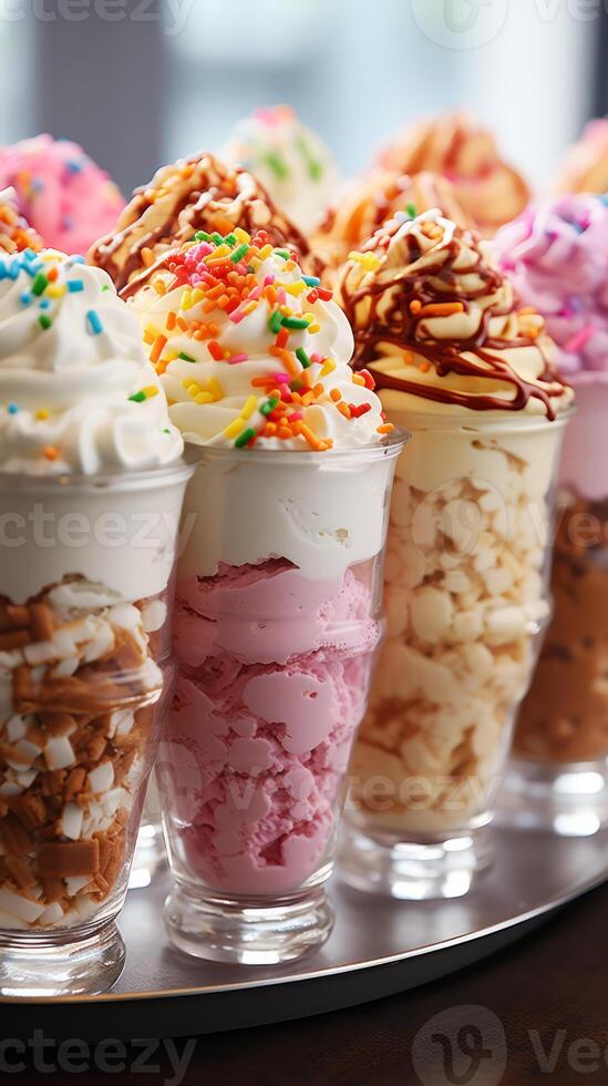 AI generated Colorful ice cream in glass cups on wooden table, closeup. photo
