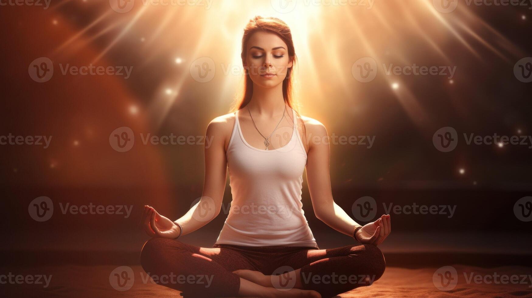 AI generated Woman does yoga. Young beautiful girl in lotus position meditates. Concept of sports fitness, healthy active lifestyle, spirituality and tranquility. AI Generated photo