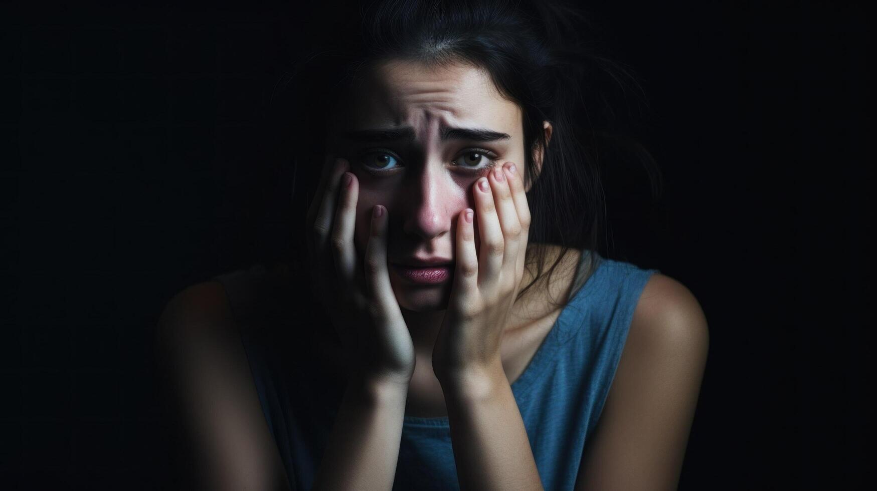 ai generado retrato de llorando mujer cubierta su cara con su manos. depresión y lágrimas, malo ánimo, concepto de problemas, familia violencia y acoso. ai generado foto