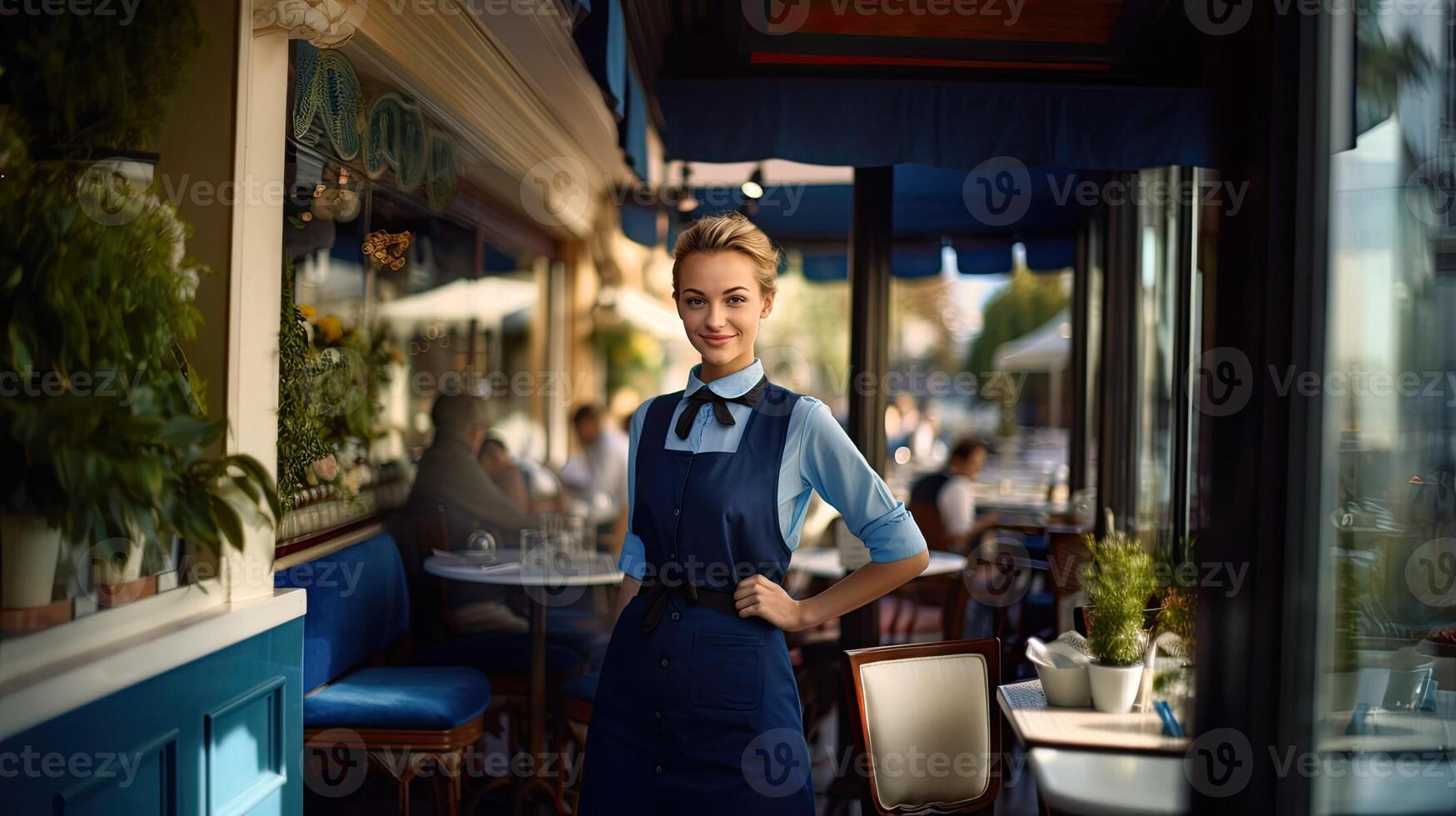 AI generated Nice hostess girl standing near entrance to small European style cafe. Reception of guests in restaurant. Pretty Young female waiter. AI Generated photo