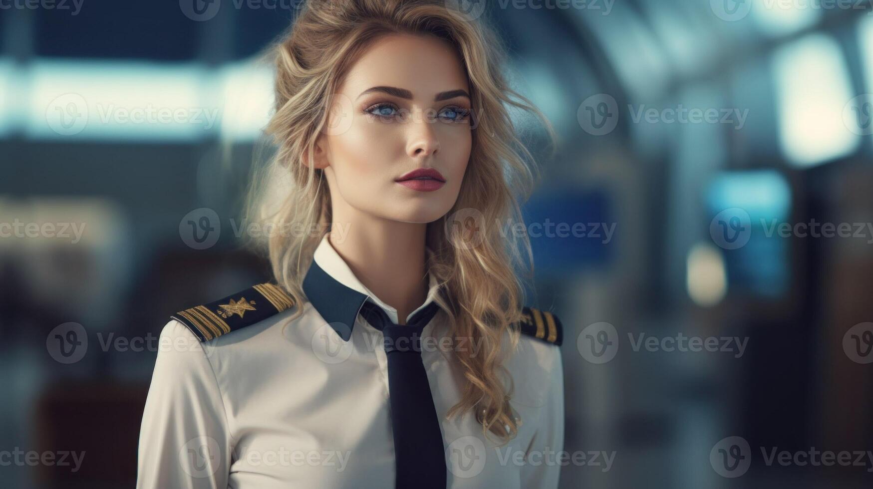 AI generated Young stewardess girl. Flight attendant at airport. Woman in uniform. Nice woman hostess. AI Generated photo