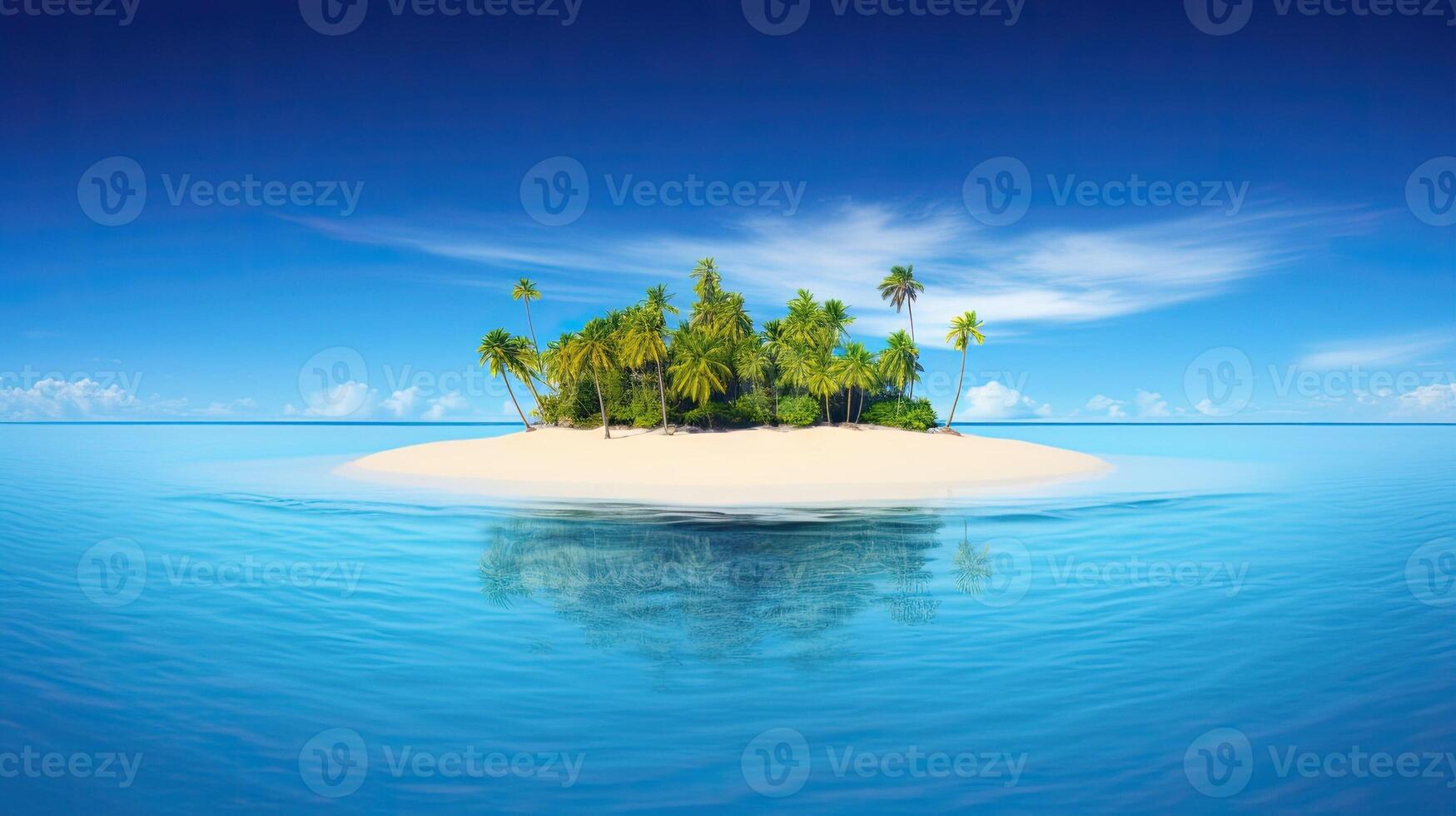 ai generado tropical isla en medio de océano. palma arboles y arboles en arenoso playa en mar. verano paraíso bahía foto