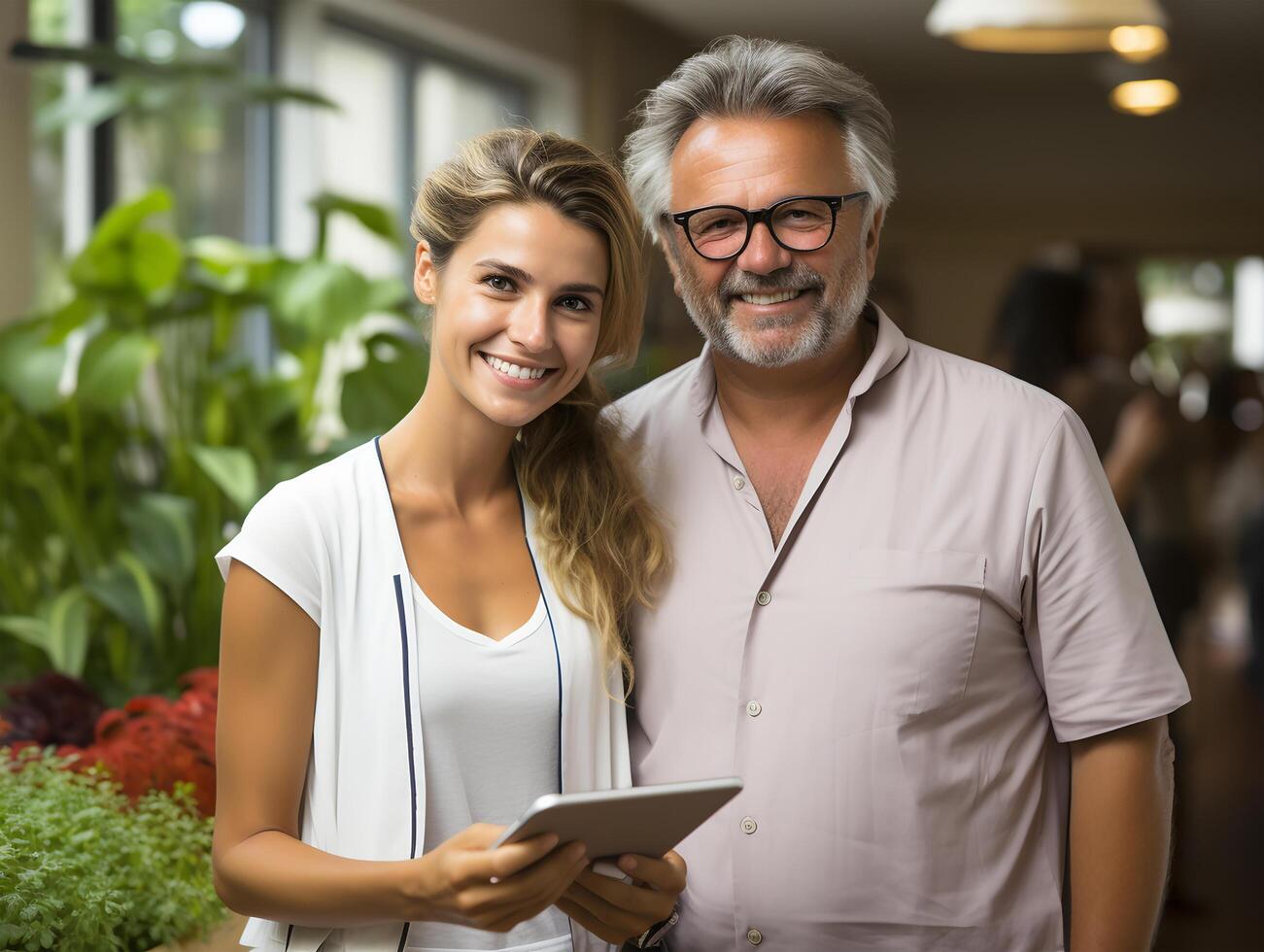 AI generated Portrait of happy mature couple using digital tablet in the corridor at home. photo