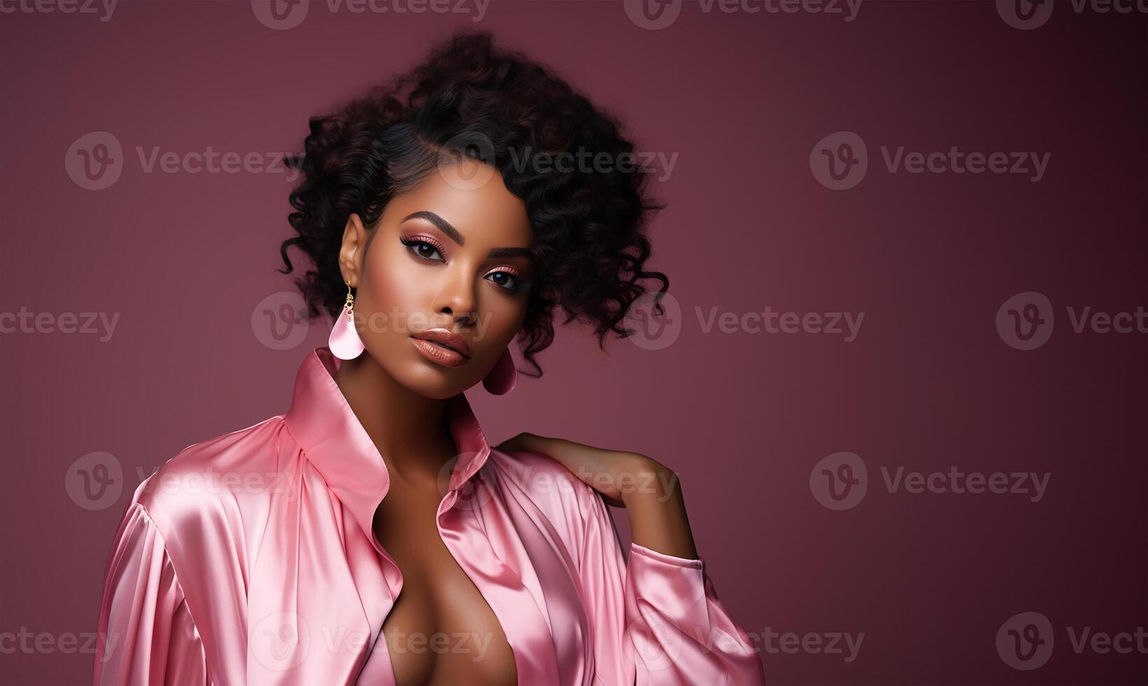 AI generated Beautiful African American woman dressed in pink with curly hairstyle and makeup. photo