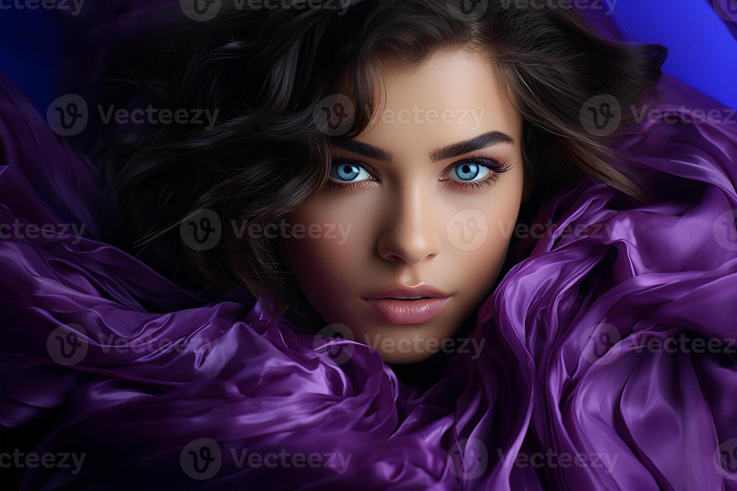 AI generated portrait of beautiful sensual blue eyed woman with dark hair and bright makeup. photo