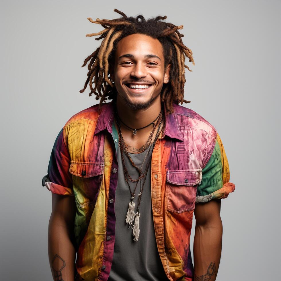 AI generated handsome young African-American man with dreadlocks and colorful shirt on a gray background. photo