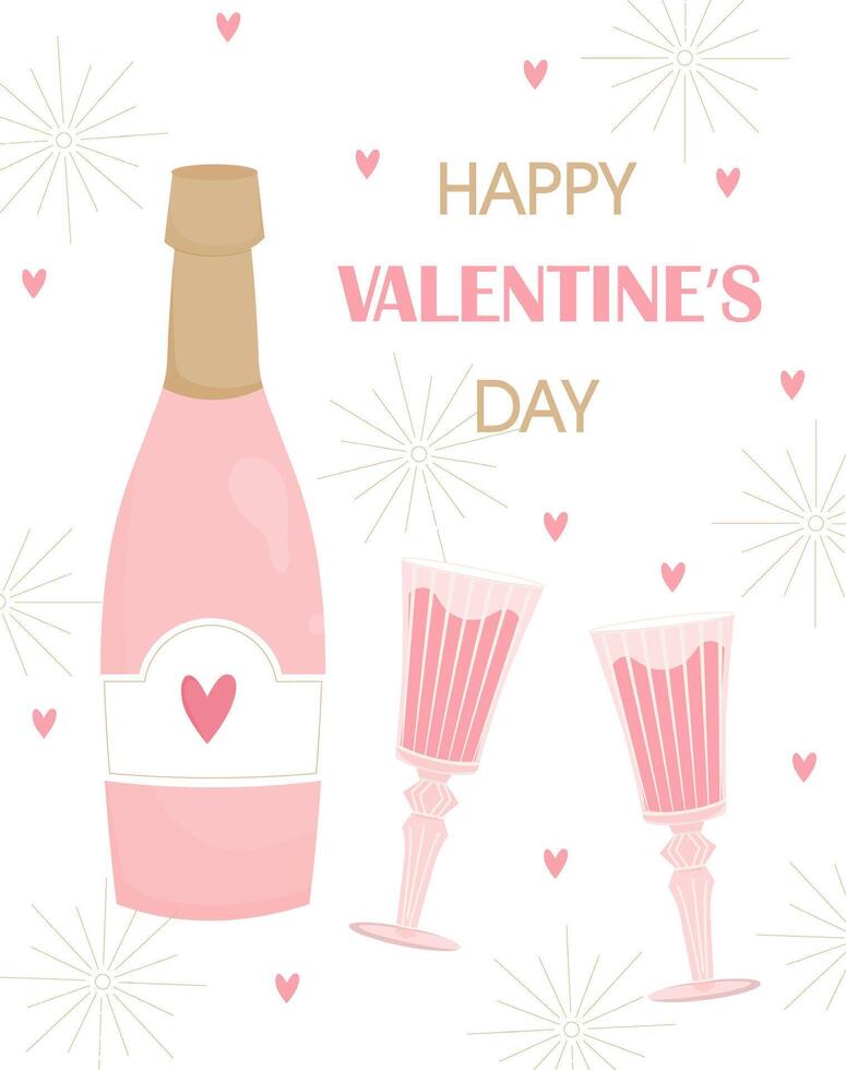 Bottle of wine with two glasses on the background of hearts and description Happy Valentine's day. Vector illustration.