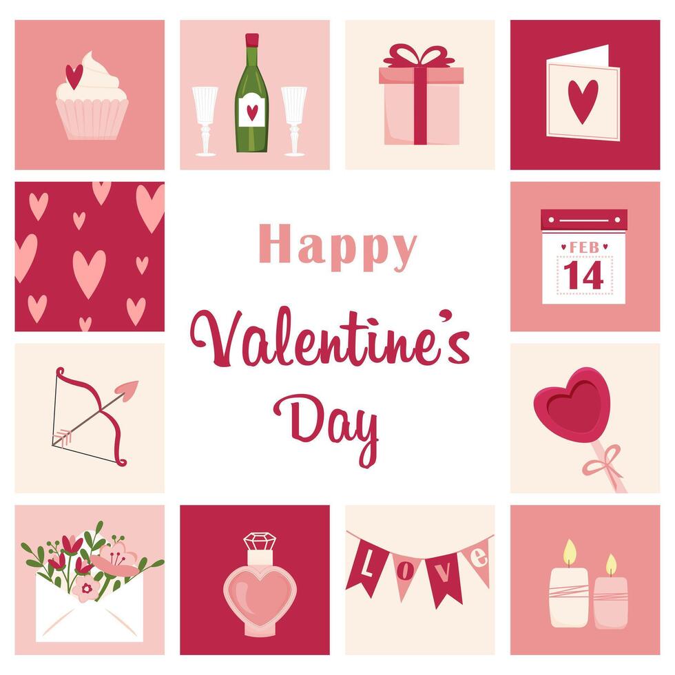 Happy Valentine's Day. Vector illustration for poster, invitation, flyer, banner, brochure, advertising. Squares with Valentine's day symbols.