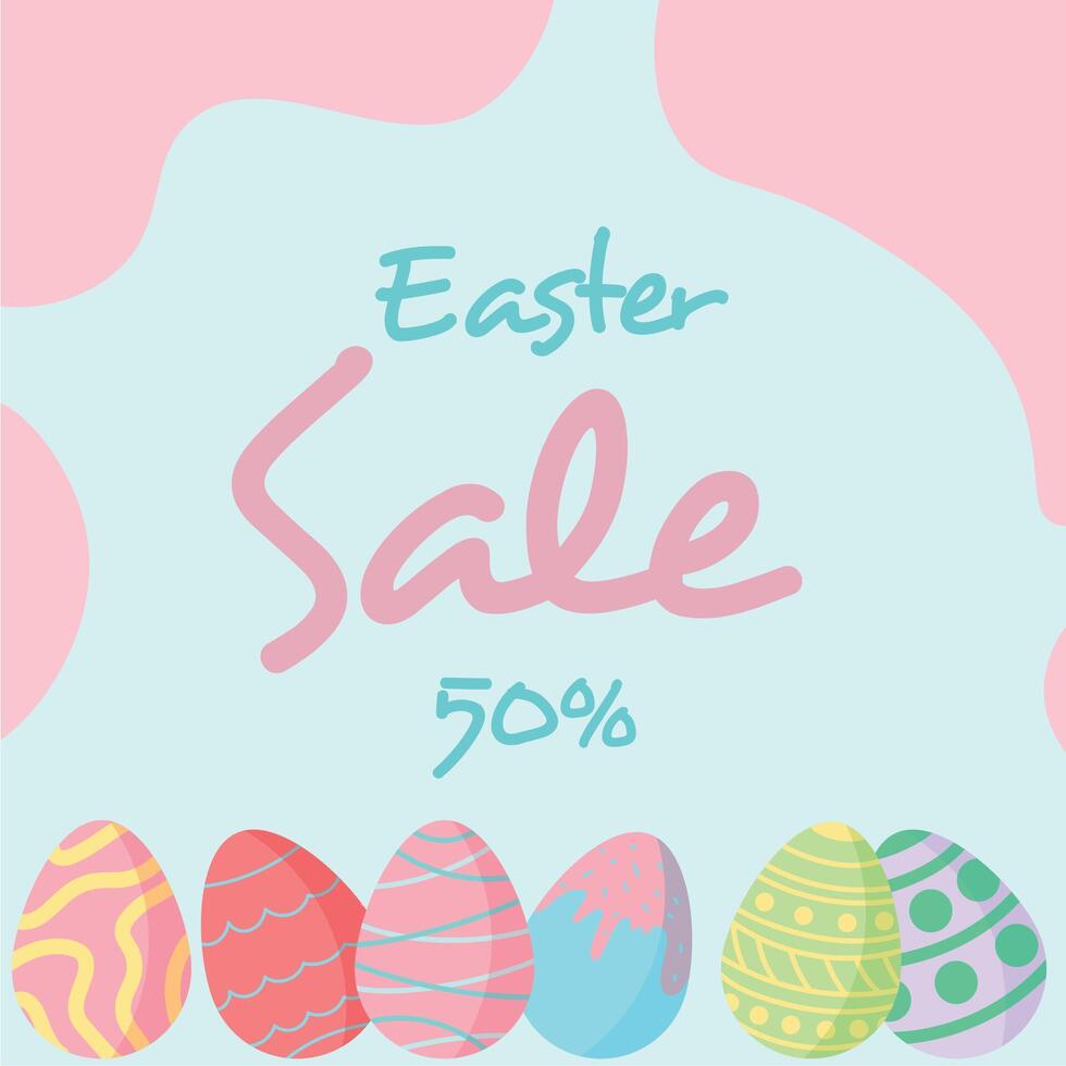 Happy easter sale banner 50 off with eggs. Holiday cover, minimalist style art. Easter Sunday flat design poster. Perfect for a card or postcard. vector