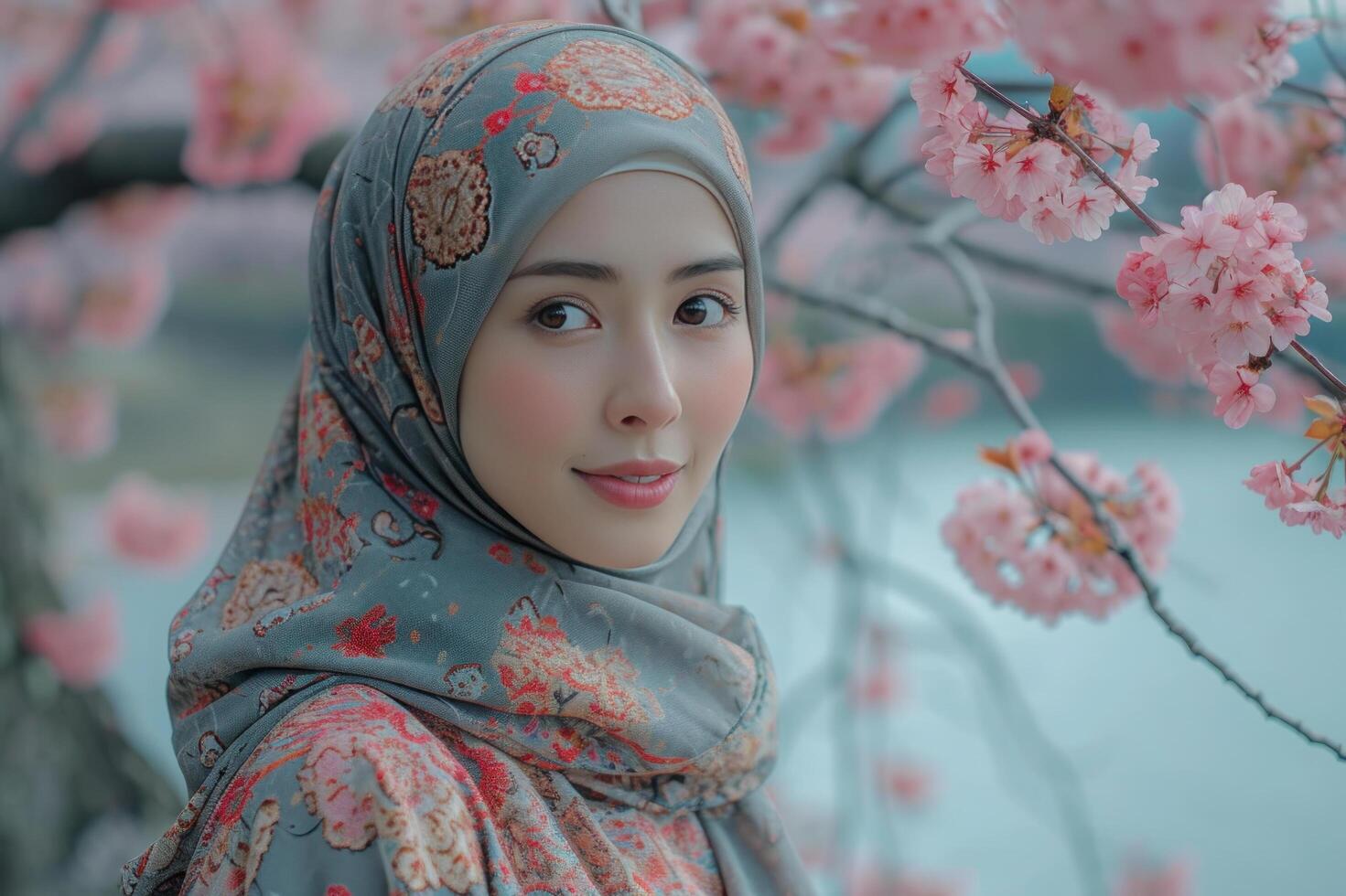 AI generated muslim woman on sakura garden morning time photo