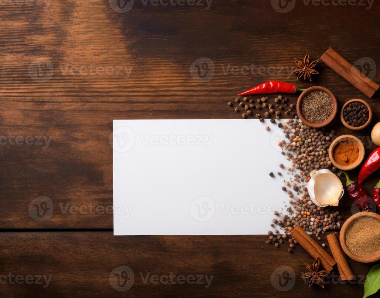 AI generated various spice and seasoning with paper top view with copy space photo