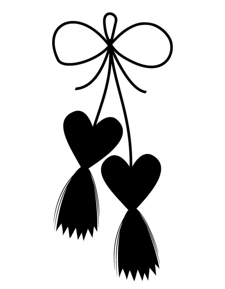 silueta martenitsa amuleto corazones. martisor día festivo. romántico tradicion gente símbolo hecho de hilos. reunión de temprano primavera. vector negro mano dibujado.
