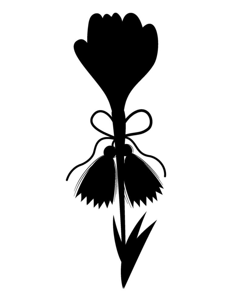 Martisor holiday. Silhouette accessory talisman Martenitsa with spring flower saffron. Symbol for spring beginning. Black hand drawn drawing. Vector illustration .