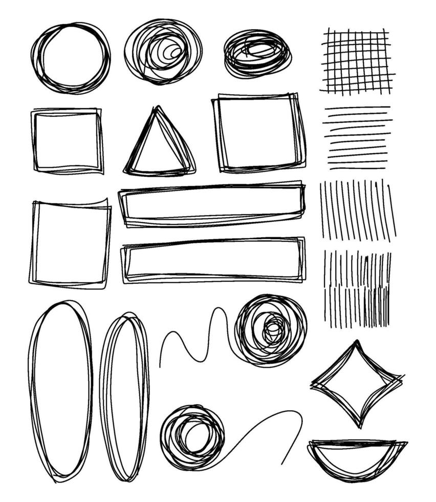 Set hand drawn doodles. Sketchy frames. Grunge scrawls, scribbles, line, and shapes, figure, underlines and circles. Crayon or marker scribbles. Isolated vector illustration on white.