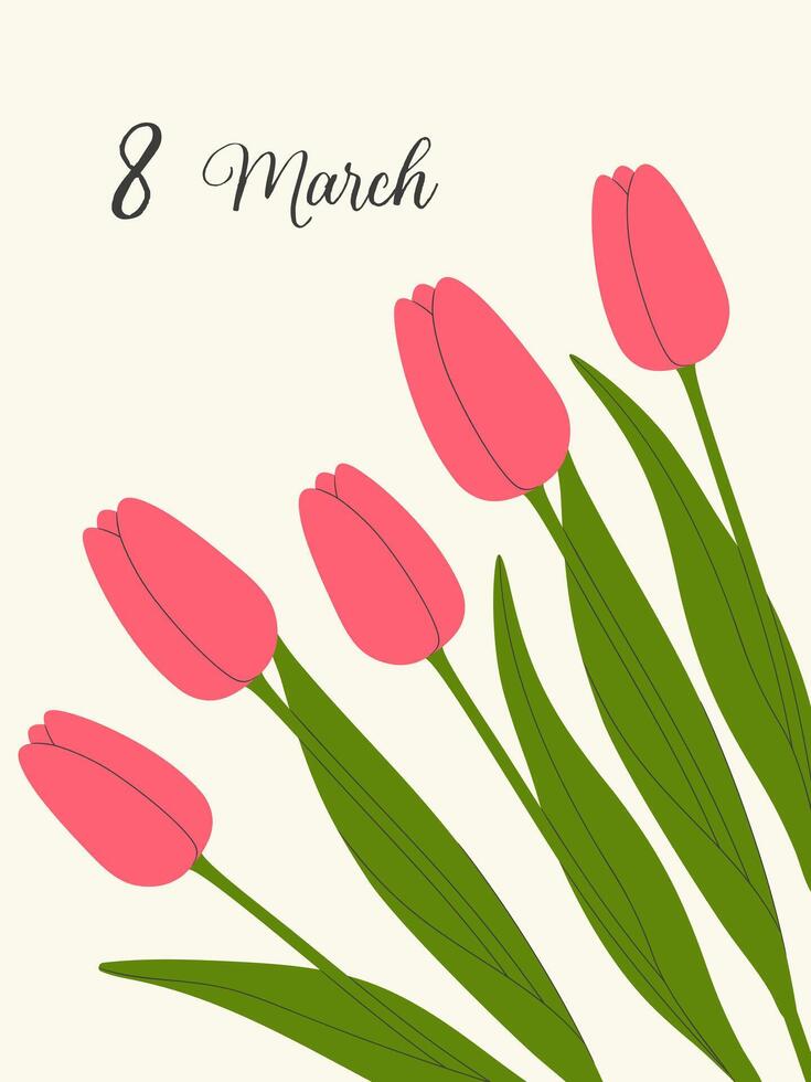 Happy Women's day greeting card with pink tulip. vector