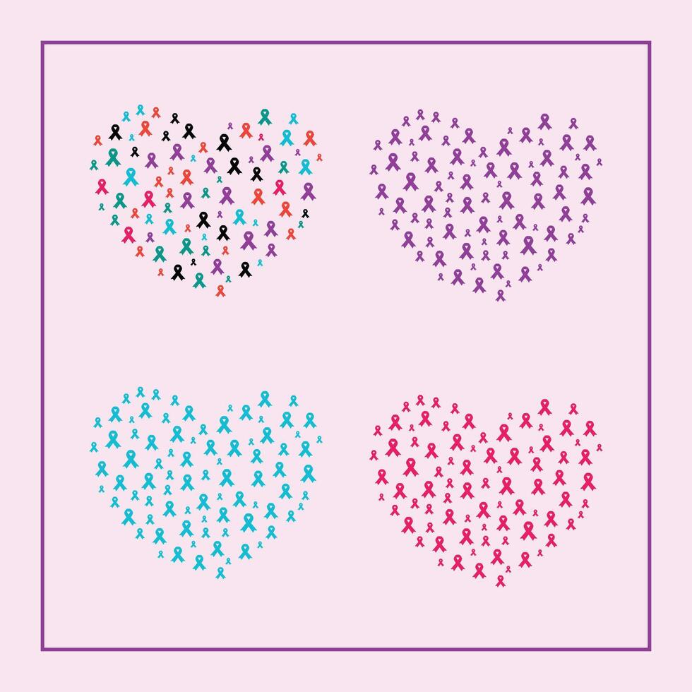set of hearts of ribbon vector, cancer awareness hearts vector