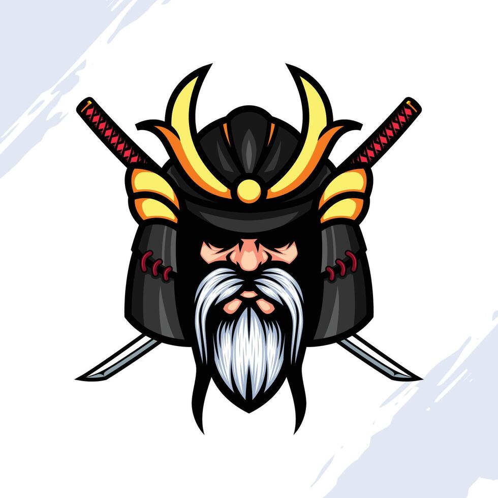 antiguo samurai logo mascota vistiendo un casco con cruzado katana vector