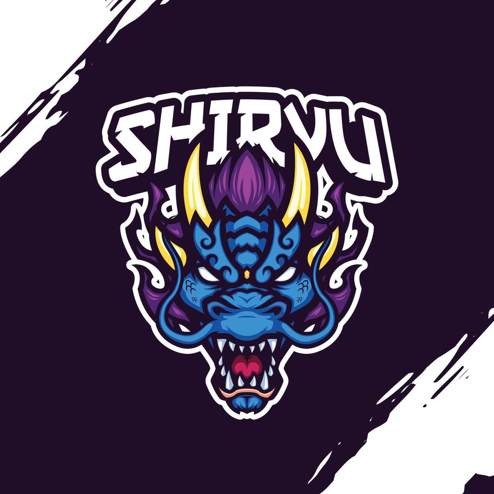 Mascot Logo of a Blue Dragon Head with Gold Horns and a Purple Mane vector