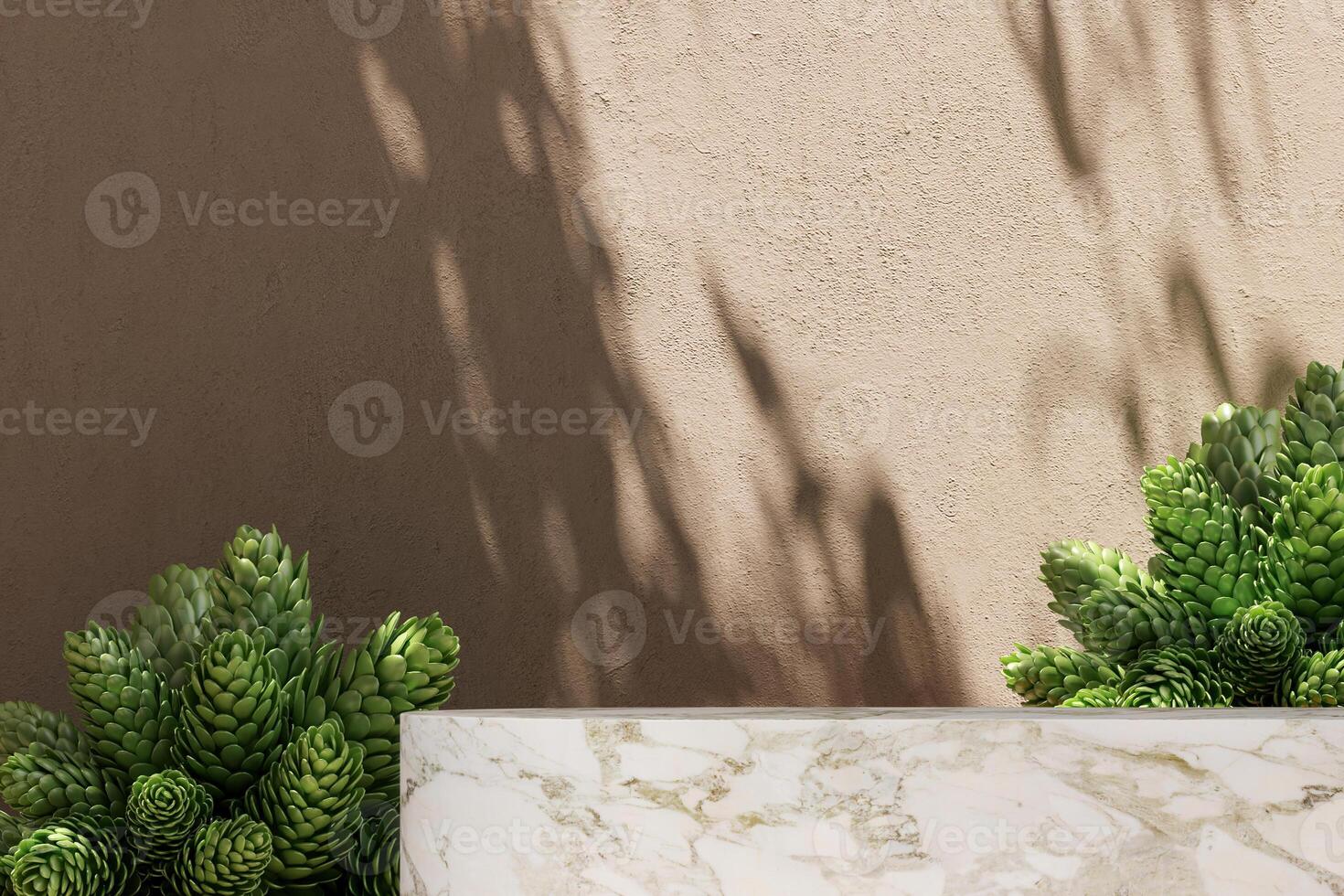White mable platform and small plants on beige wall, sunshade on background. abstract background for product presentation. 3d rendering photo
