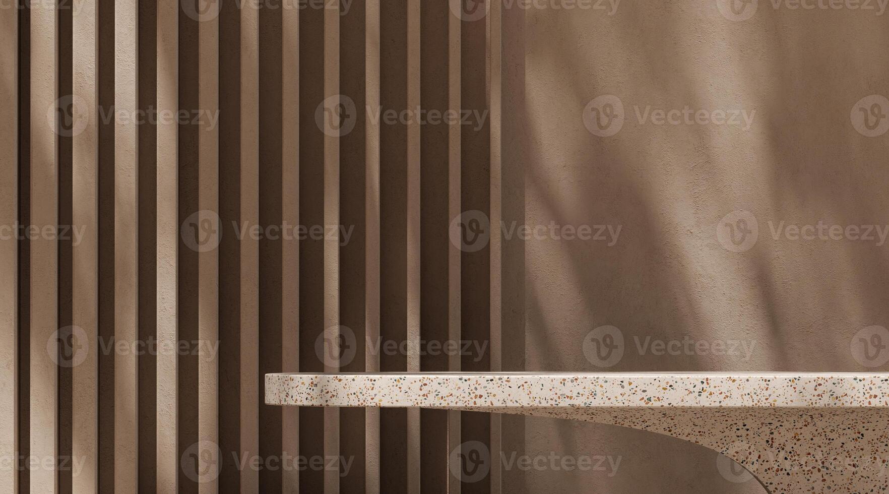 Beige terrazzo platform on abstract cement wall, sunshade on background, abstract background for product presentation. 3d rendering photo