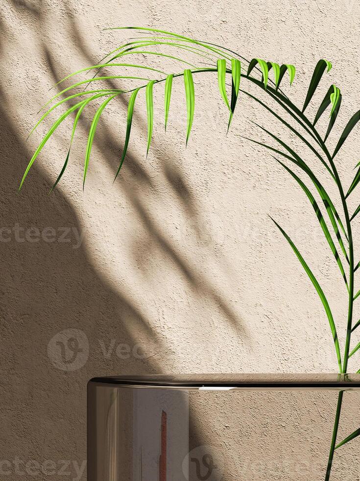 Clear glass platform and tropical plant on beige wall, sunshade on background, abstract background for product presentation. 3d rendering photo