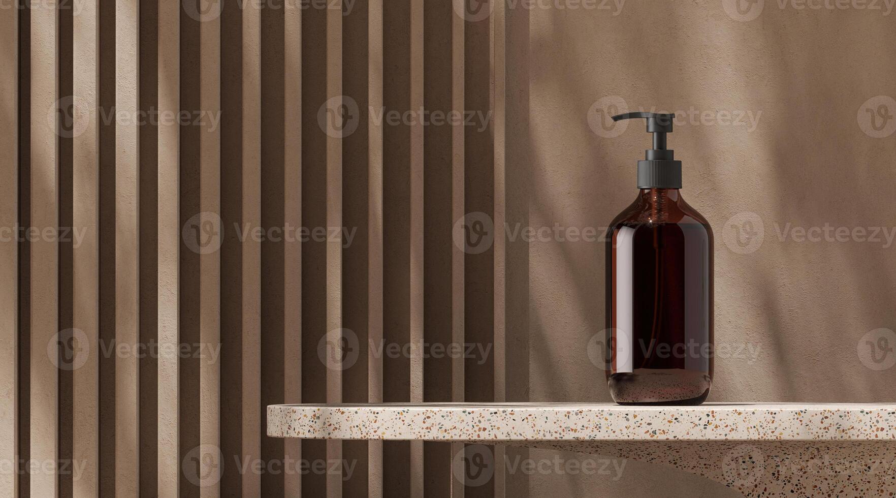 Pumper bottle on beige terrazzo platform,abstract cement wall, sunshade on background, abstract background for product presentation. 3d rendering photo