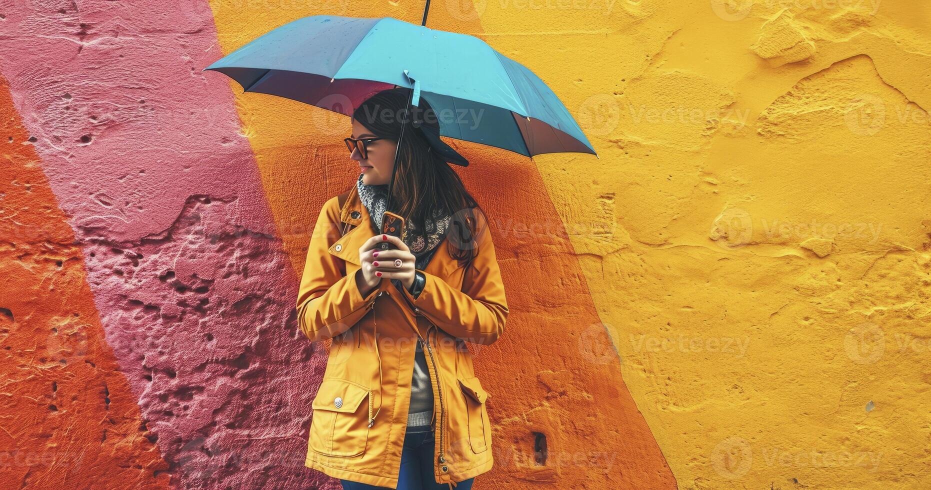 AI generated Young happy emotional cheerful girl laughing with umbrella on colorful background photo