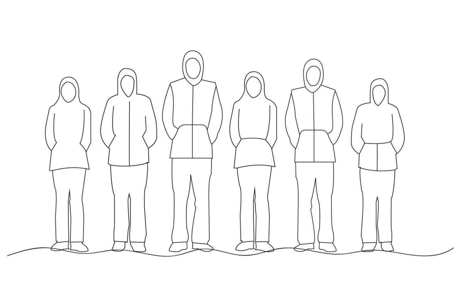 un grupo de personas en pie en un continuo contorno vector aislado en blanco antecedentes. grupo de personas vistiendo capucha uno línea Arte dibujo