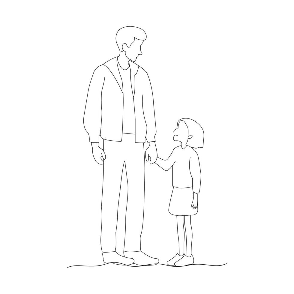 Father with her daughter continuous outline. Happy Father's Day concept background. Vector illustration.