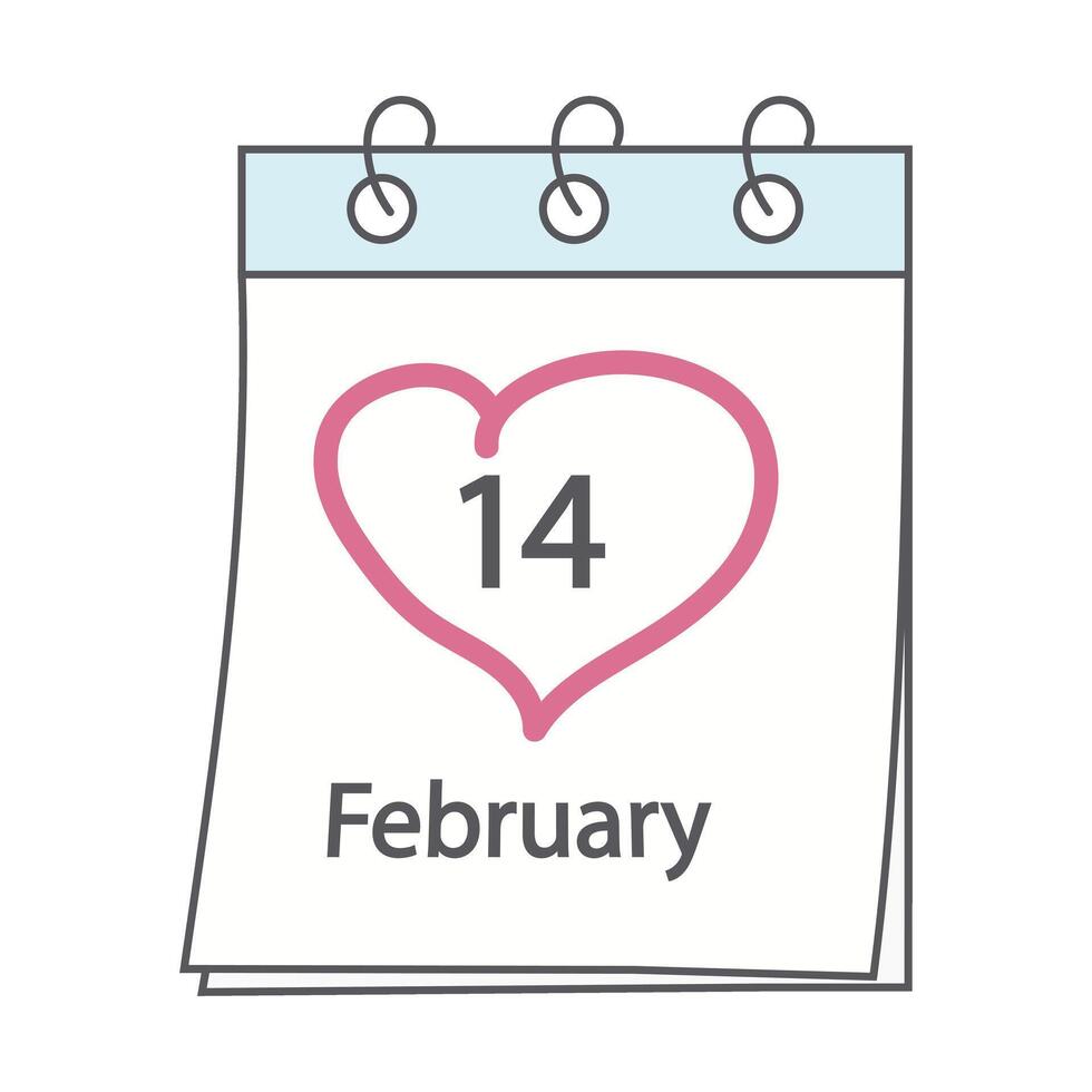 calendario página con 14 febrero fecha y corazón conformado carrera por mano. diseño concepto para saludos vector
