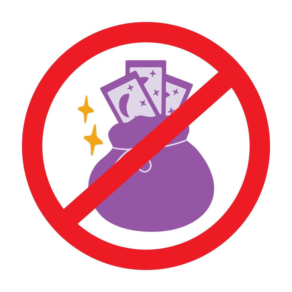 Pouch with Tarot cards and decorative braid and abstract stars under the ban. Sticker design concept vector