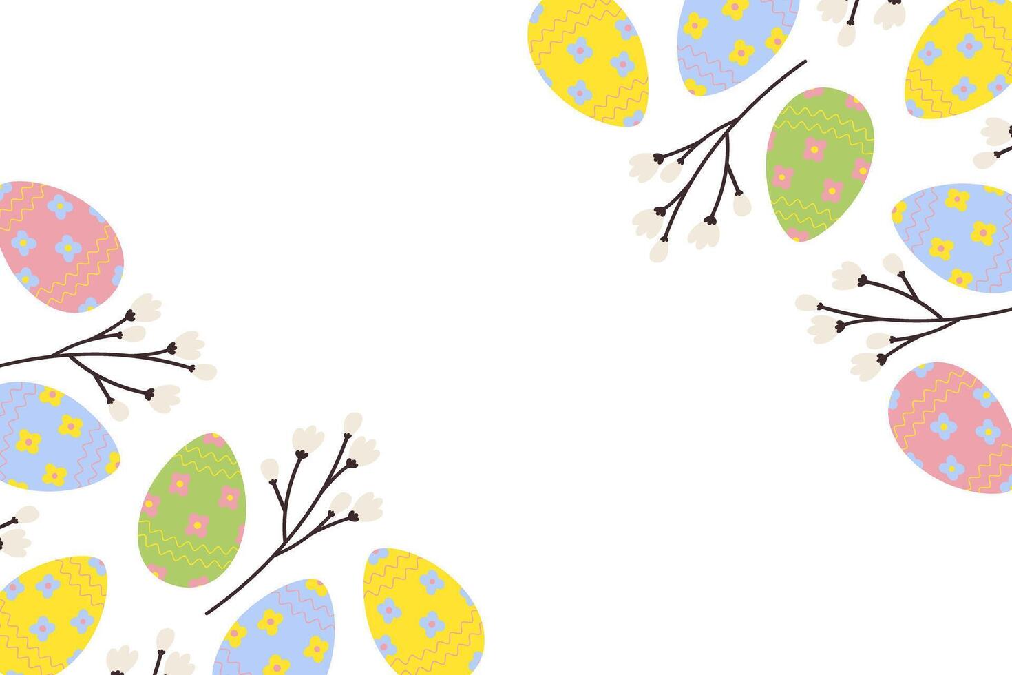 Easter corner frame with top and bottom border of vibrant painted eggs and spring twigs. Copy space vector