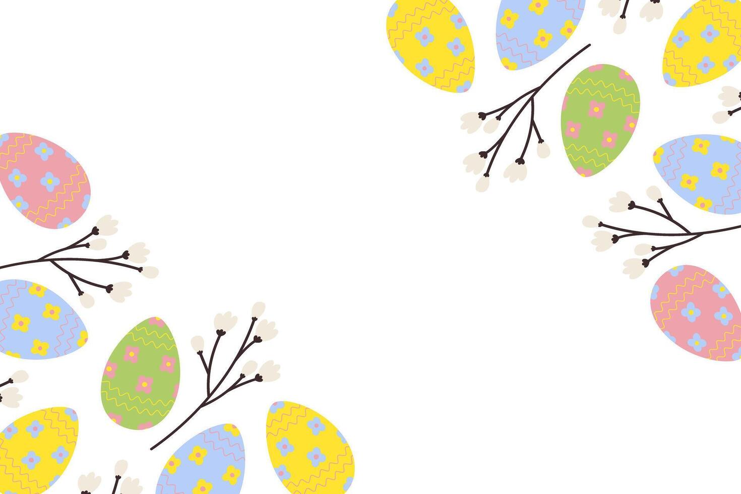 Easter corner frame with top and bottom border of vibrant painted eggs and spring twigs. Copy space vector