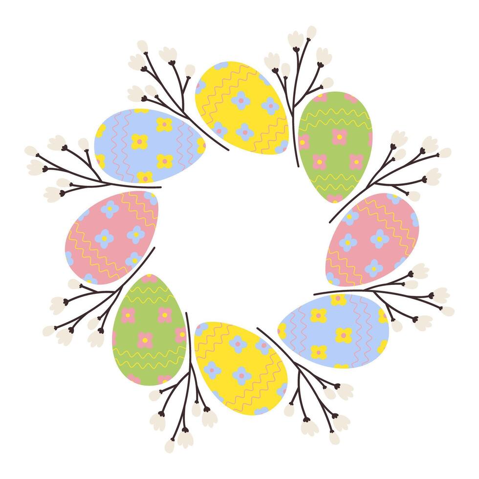 Circle frame of patterned Easter Eggs and blooming twigs. Copyspace. Easter greetings design concept vector