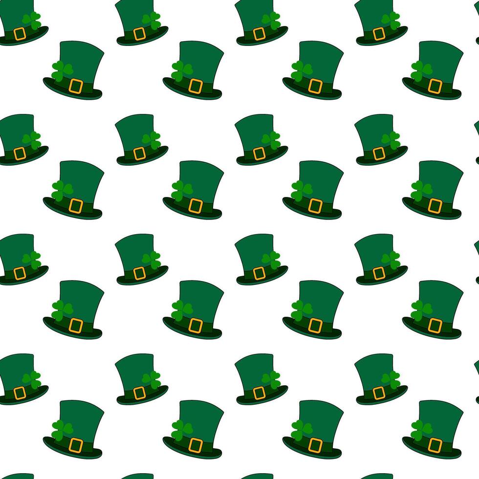 Seamless pattern of leprechaun hats and shamrock under buckle ribbon. Design concept for backdrop vector