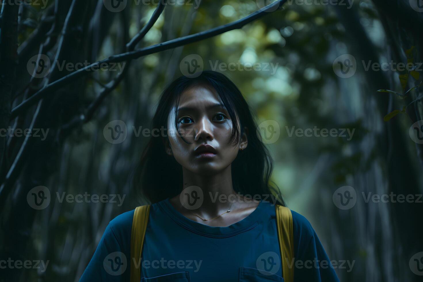 AI generated Asian woman lost in forest at summer day, neural network generated photorealistic image photo