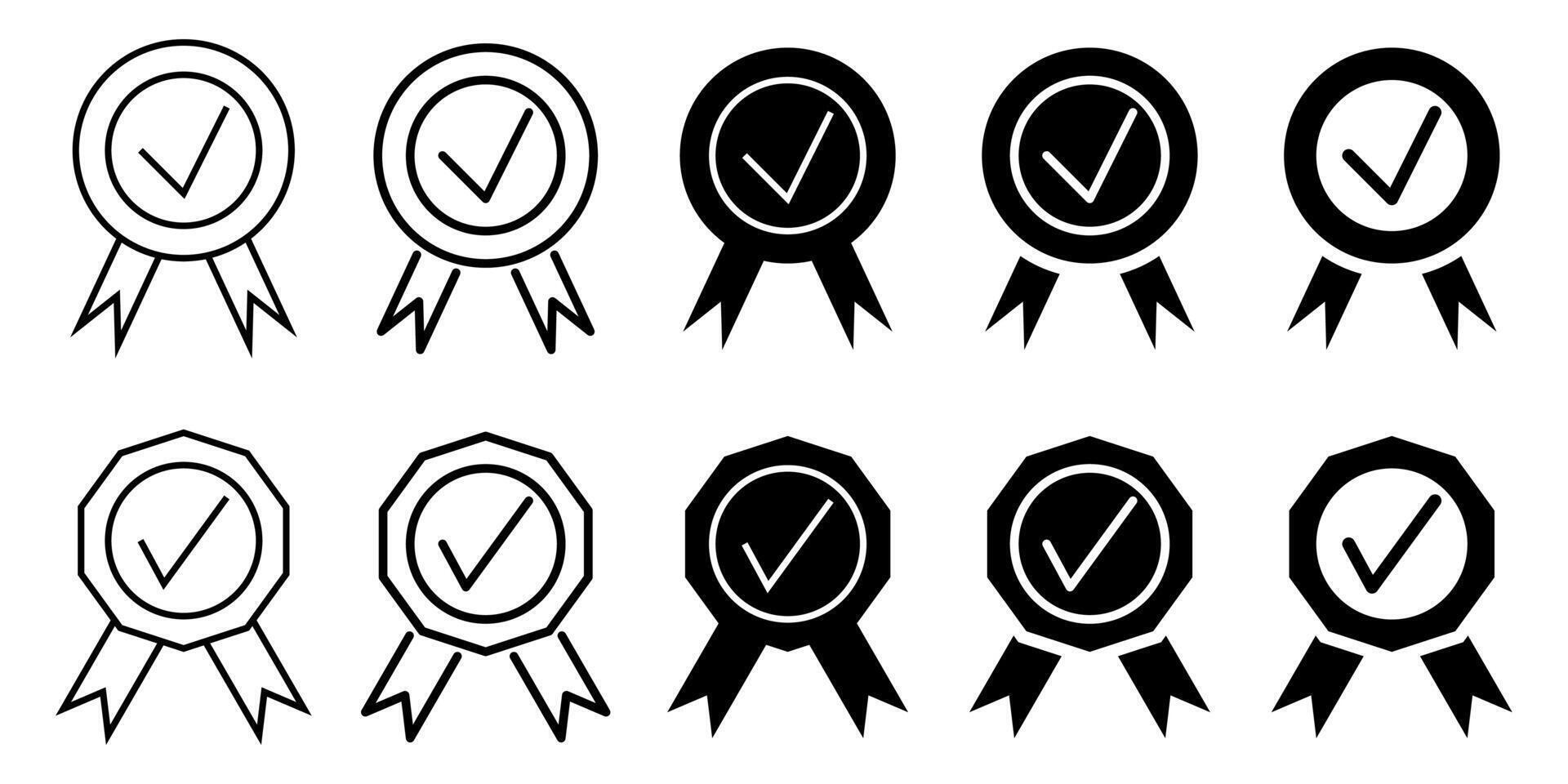 icon set of approved or certified medals. quality symbols, line vectors and silhouettes isolated on white background. design for applications, web, certificates, brochures, posters.