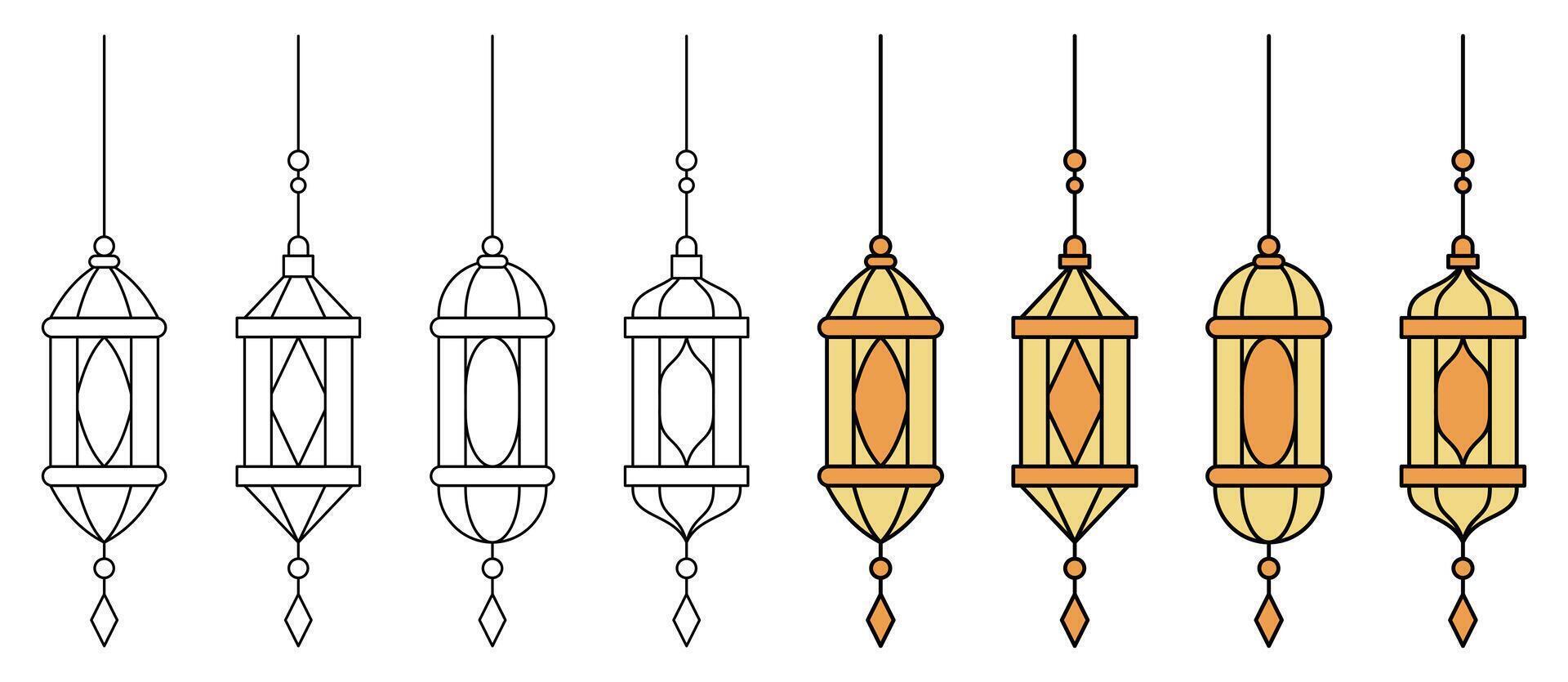 collection of arabic lantern ornaments, simple vector isolated on white background. Islamic design elements for greeting cards, posters, banners, social media.